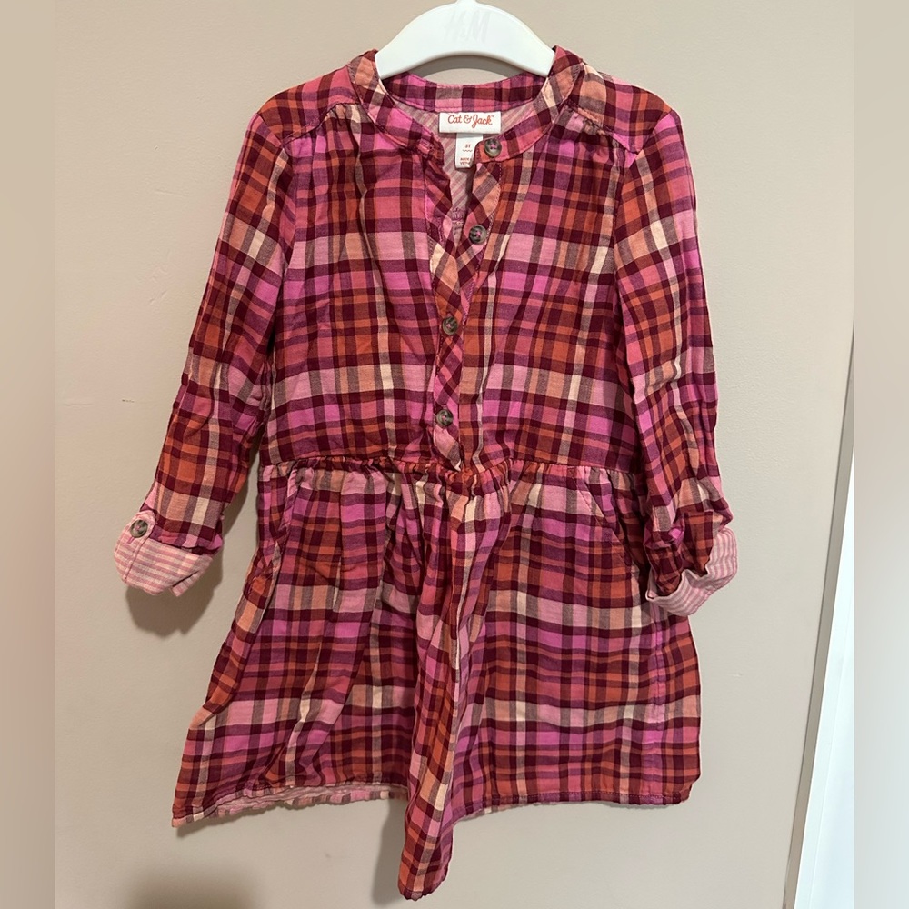 Cat & Jack Girls Pink Plaid Long Sleeve Dress 5T